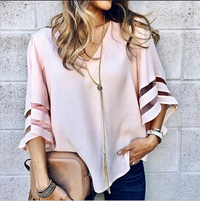 Spring and summer new large size women's Europe and the United States loose V-neck trumpet sleeve mesh stitching shirt