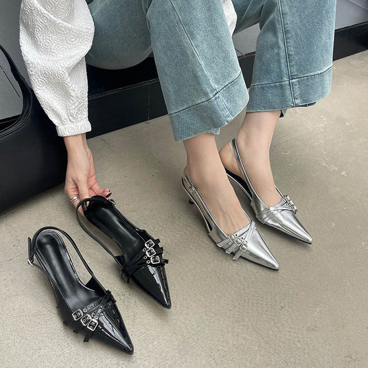 heels one-strap high heel shoes 2024 spring new fashion patent leather women's shoes pointed toe belt buckle stiletto heel sandals