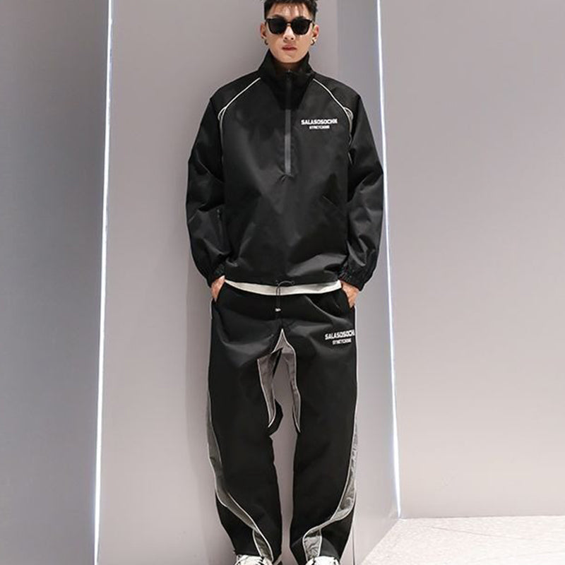 Trendy Letter Reflective Stand Collar Top Men's Korean Style 2024 Autumn Winter New Casual Pants Half-Zip Pullover Jacket Chic