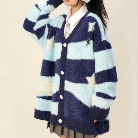 Y2k Preppy Style Cardigan Women Fashion Star Stripe Button Sweater Knit Vintage Autumn Winter Blouse Woman Clothing Trendy 2023