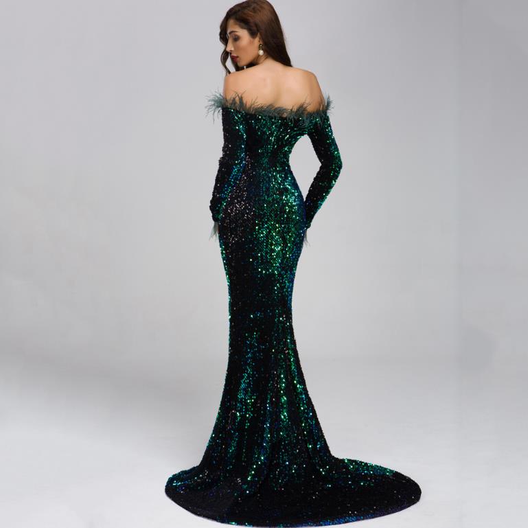 Feather sequins long evening dress