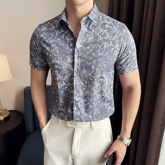 Men's Short Sleeve Shirt, British Style Letter, Slim Fit, Casual, Wedding, Work Trend, Gentleman, Korean Version, New Fashion