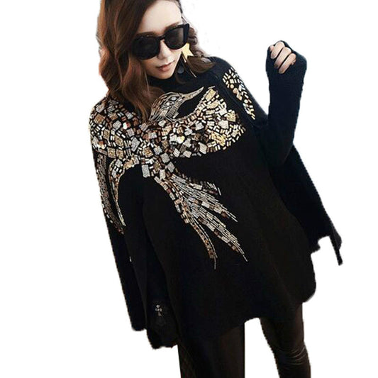 Mulher voando pássaros lantejoulas capa águias manto bordado morcego manga Beading Camisola Poncho malha Hedging Pullover Xaile 2020