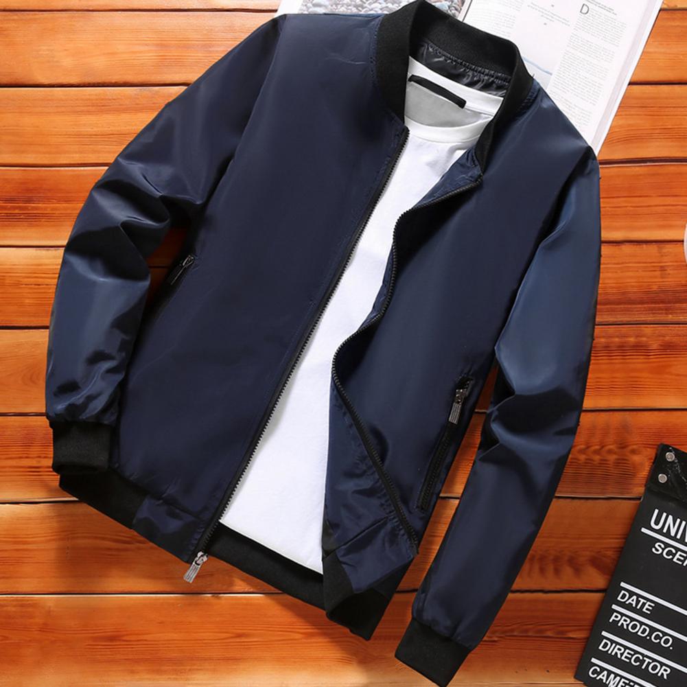 Men Coat Men's Stand Collar Zip Up Cardigan Jacket with Elastic Cuff Smooth Zipper Pocket Fall Winter Baseball Coat for A