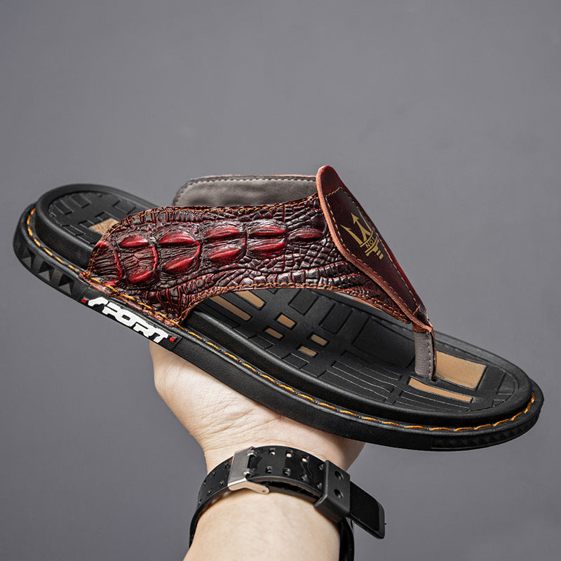 Cross-border Men's Sandals Slippers Genuine Leather Crocodile Pattern Slippers Large Size Breathable Shoes Foreign Trade Casual Men's Shoes Fashion Men's Word Slippers