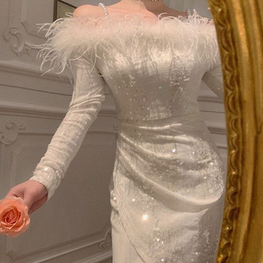 Sequined Feather Off-shoulder New Banquet Party C- Bit Evening Dress For Women