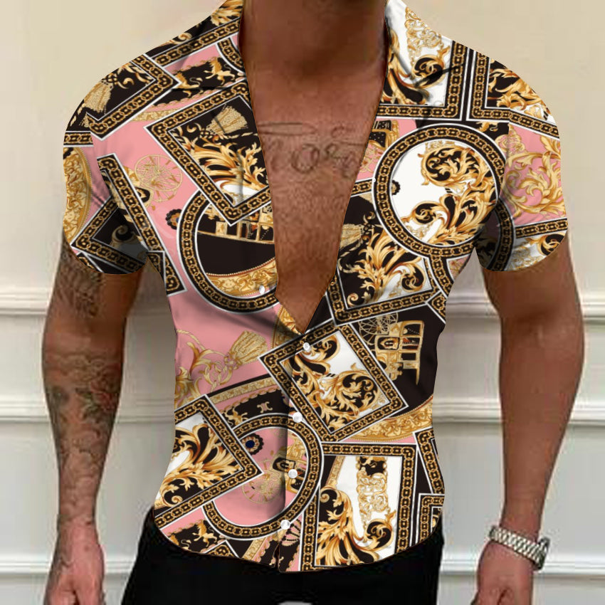 Men's Shirt Summer Lapel Hawaiian Print Fashion Versatile Fit Casual British Style Polyester Short Sleeved Shirt Suitable for Hawaiian Beaches, Couples Dating, Parties