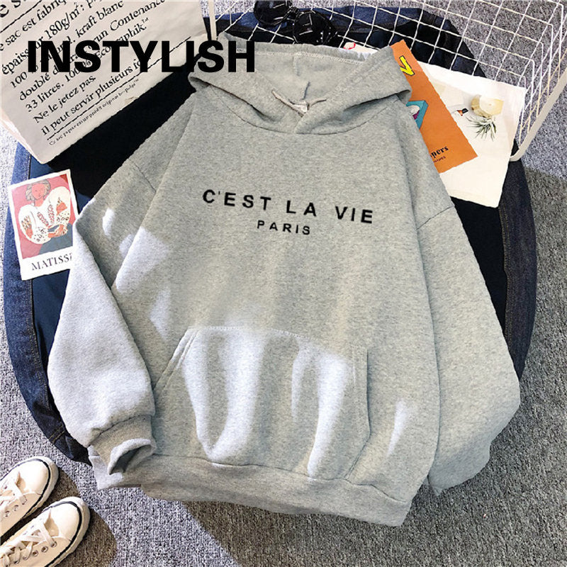 Kadın rahat baskı gevşek Hoodies bahar uzun kollu elbise kapüşonlu Sweatshirt Harajuku basit tembel tarzı kazak 2023 Streetwear Tops