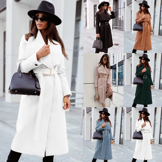Simple Long Sleeve Button V-Neck Tie Woolen Jacket Women's