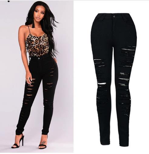 European and American personality explosions street popular full strips torn Slim stretch high waist denim pants pants large size