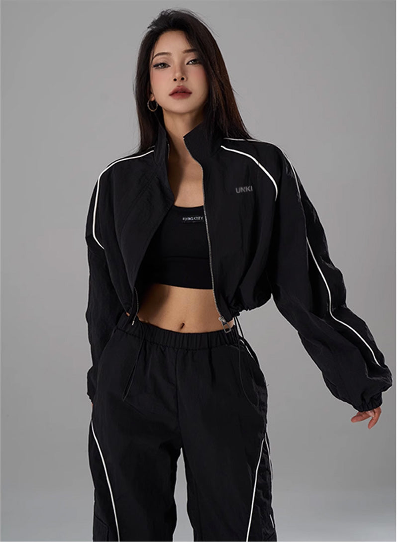 Hip Hop Sports Suit Two-piece Set Women Black Short Track Jacket +Sweatpants Joggers Dance Tracksuit Female Cropped Jacket Sets