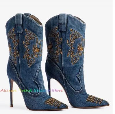 New Fashion Embroidered Denim Ankle Boots For Women Winter Elegant Pointed  Toe High Heels Western Cowboy Big Size Shoes 44