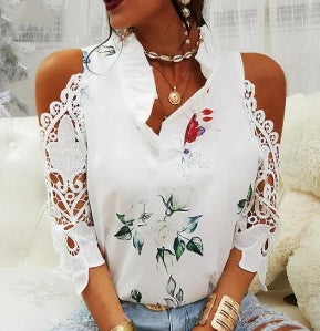 WOLFF - Elegant blouse with floral pattern and V-neck
