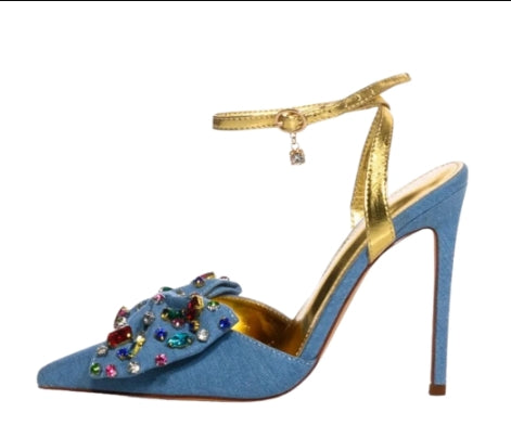 Rhinestones Bowknot Denim Stilettos