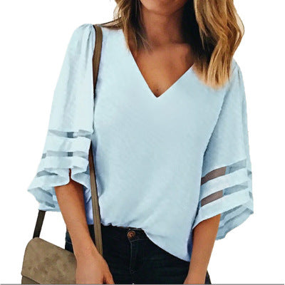 Spring and summer new large size women's Europe and the United States loose V-neck trumpet sleeve mesh stitching shirt