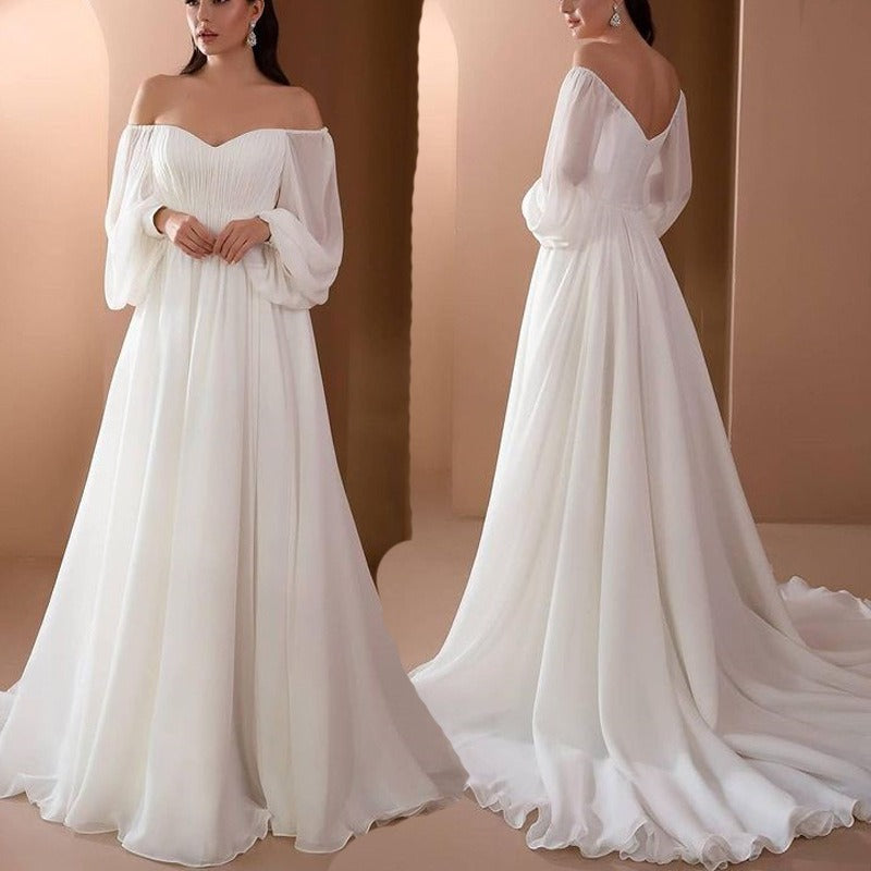 Off Shoulder Gown Wedding Dresses, Elegant Solid Ruched Mopping High Waist Dress for Wedding Party, Women's Clothing