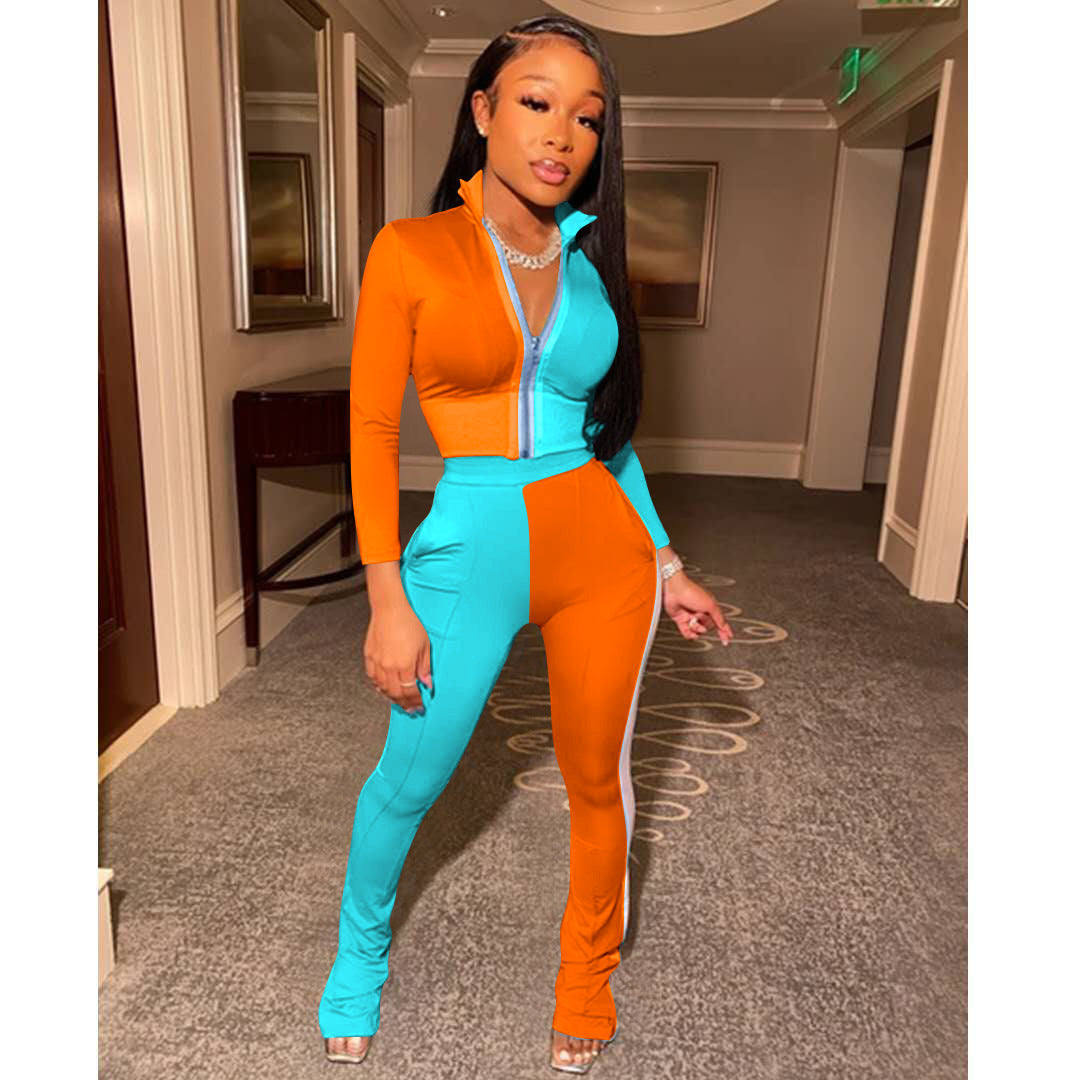 Pure Color Splicing Fashion Sports and Leisure Two-Piece Suit
