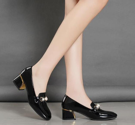 New mid-heeled thick-heeled women's shoes patent leather versatile soft sole fashionable leather shoes pearl shallow mouth non-slip comfortable large size single shoes