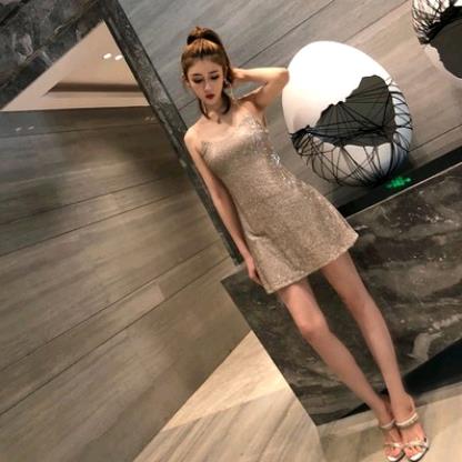 Nightclub Women's Sexy Dress Summer Low-breasted Halter Back A-line Sequin Dress Sling Dress Sling Dress