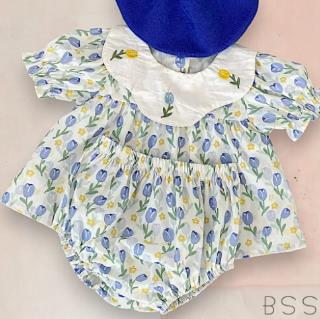 Baby girl summer suit tulip embroidered round neck baby shirt short sleeve + bread shorts two-piece suit (one set)