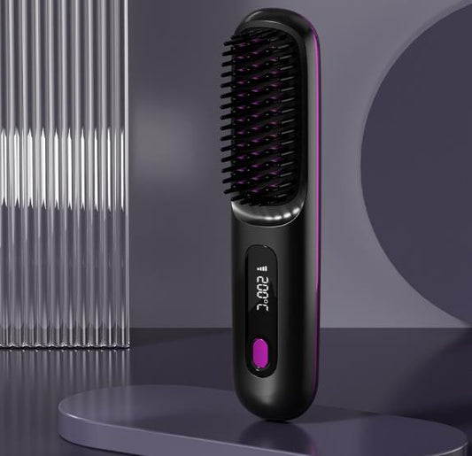 New LCD USB Charging Wireless Portable Curling Straight Hair Comb Ceramic Heating Negative Ion Electronic Comb Hair Straightener