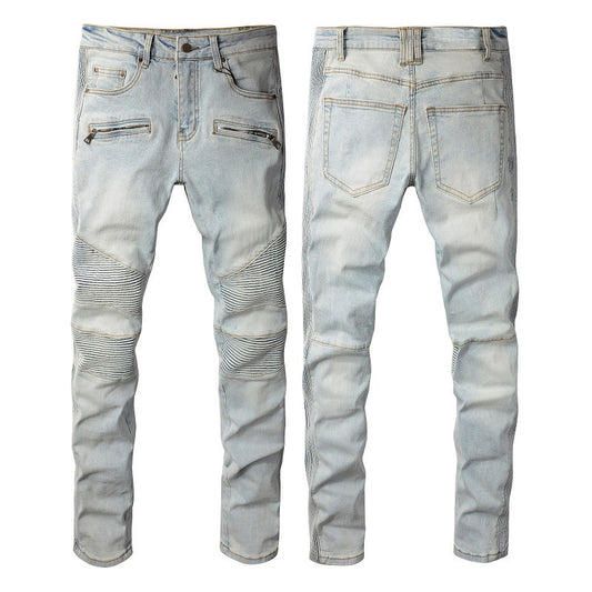 High Street Light Blue Broken Hole Colorful Gradient Patch Slim Elastic Ripped Tight Trousers