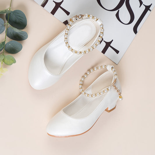 Girls High-heeled Leather Shoes Spring Children Middle-aged  White Wedding Host Show Princess Dress Shoes