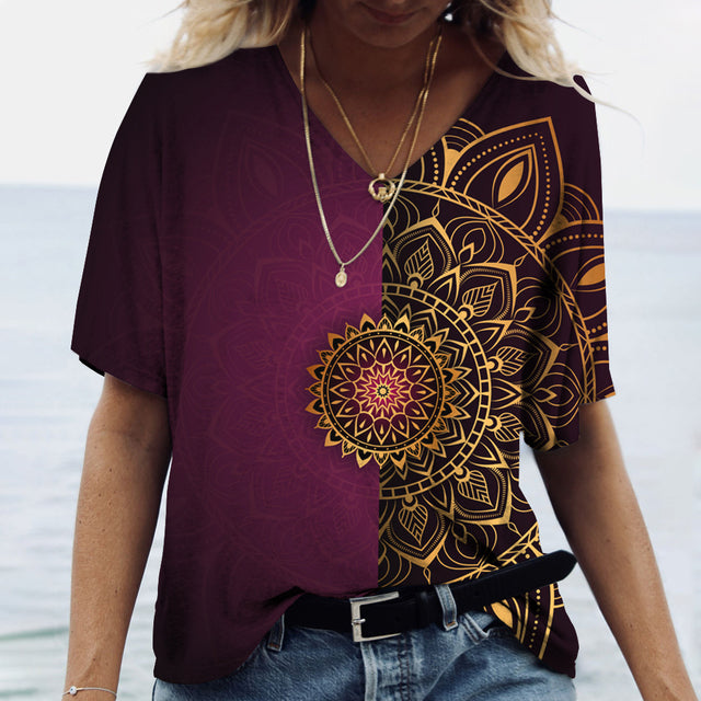 kadin T-Shirt Vintage Casual siyah moda V boyun kazak kısa kollu baskılı gevşek günlük Tops tasarım giydirin