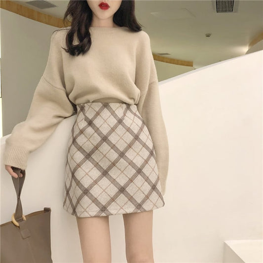 Women's High-waist Woolen Plaid Bag Hip Skirt