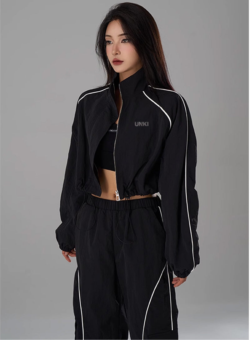 Hip Hop Sports Suit Two-piece Set Women Black Short Track Jacket +Sweatpants Joggers Dance Tracksuit Female Cropped Jacket Sets