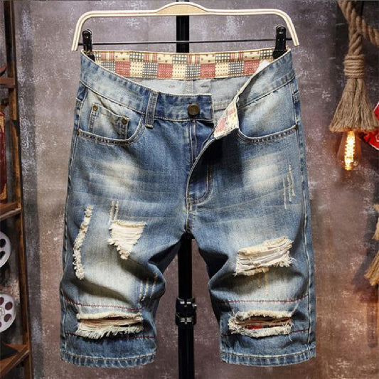 Summer new jean shorts fashion men small straight leg knee-length jean shorts casual do old holes