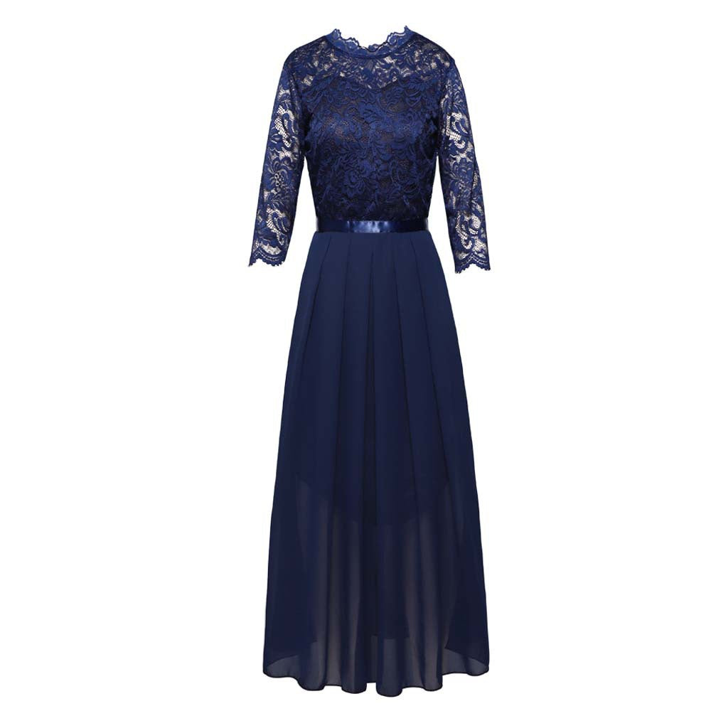 Round neck lace long dress evening dress for women