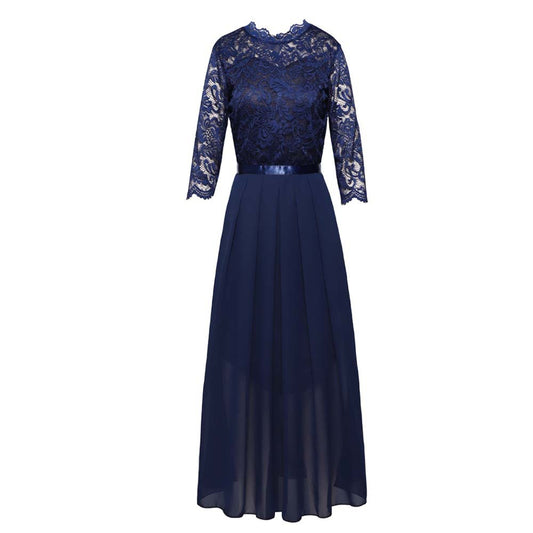 Round neck lace long dress evening dress for women
