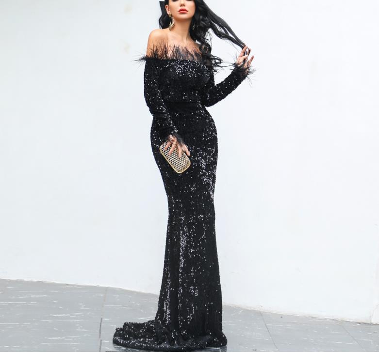 Feather sequins long evening dress