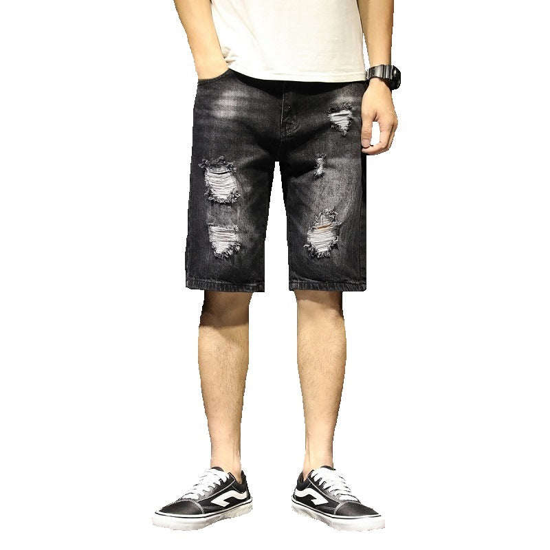 Color Denim Shorts Men's Slim Five-point Pants Tide Ripped Harem Pants