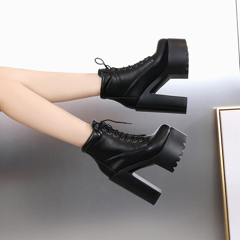 14cm Platform Lace-Up Martin Boots Round Toe Chunky Heel