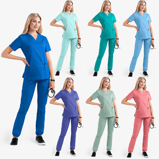 2023 European and American new style solid color pocket V-neck nursing work uniform nurse clothes two-piece suit women's short sleeve