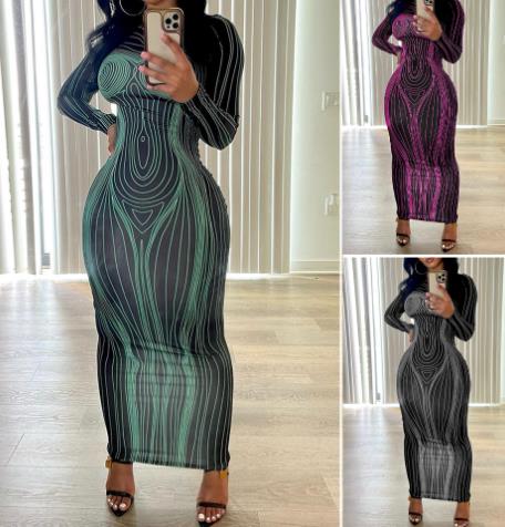 New Fall Women's Clothing Long Sleeve Round Neck Fashion Printed Slim Fit Sheath Bottom Dress