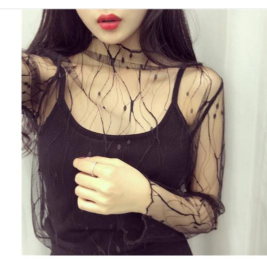 Sexy Mesh Tops Harajuku See Through T Shirt Hollow Out Transparent Long Sleeve Undershirt Dot Base Net Tops Club Heart Star