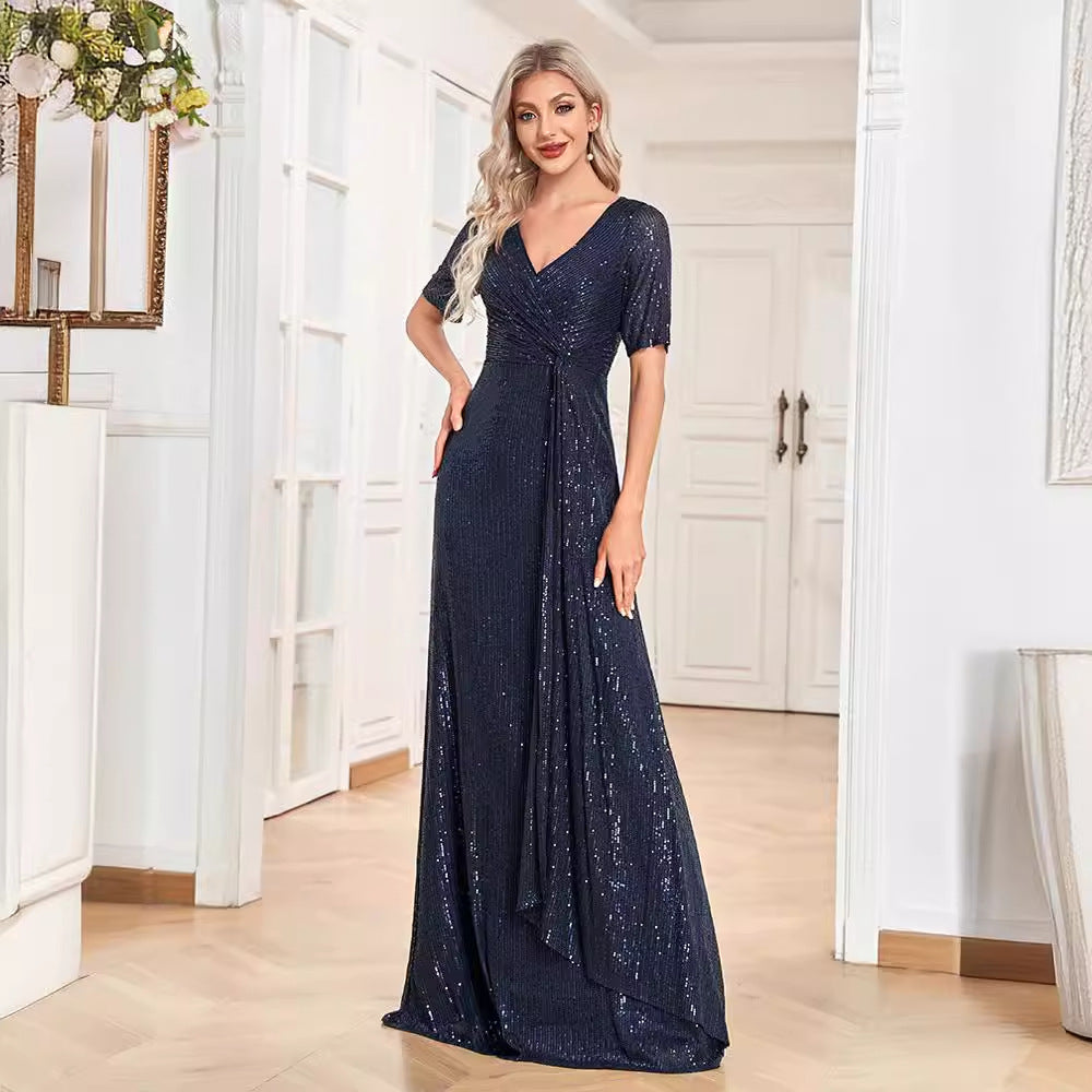 New 2023 Dress Sexy Long Dress Short Sleeve V-Neck Beaded Slim-fit Fishtail Bridesmaid Banquet Evening Dress for Women