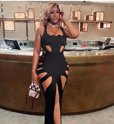 Cut out low neckline high waist pack hip slit slim long dress