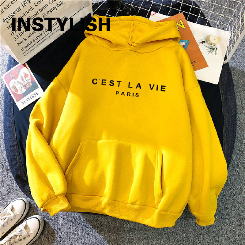 Kadın rahat baskı gevşek Hoodies bahar uzun kollu elbise kapüşonlu Sweatshirt Harajuku basit tembel tarzı kazak 2023 Streetwear Tops