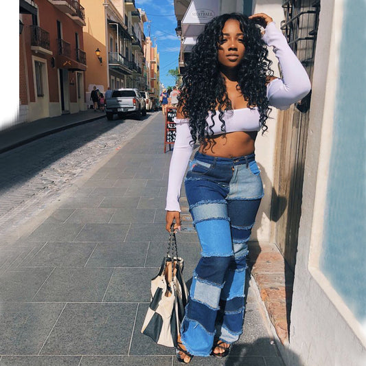 Autumn fashion contrast color patchwork high waist tight hip flared women's denim trousers