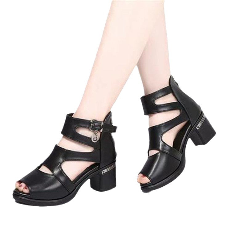 Large Size Thick Heel Peep Toe Sandals Women's 2023 Summer New Arrival Mother's Sandals Thick Sole Casual Fashionable High-top Open Toe Women's Shoes