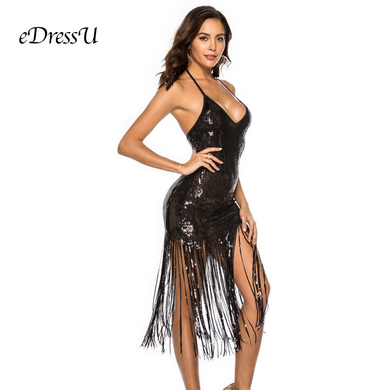 Gold Sequined Club Disco Dress Fringed Evening Party Backless Tea Length Halter Sexy Tassel Dress Vestido eDressU OSH-18518