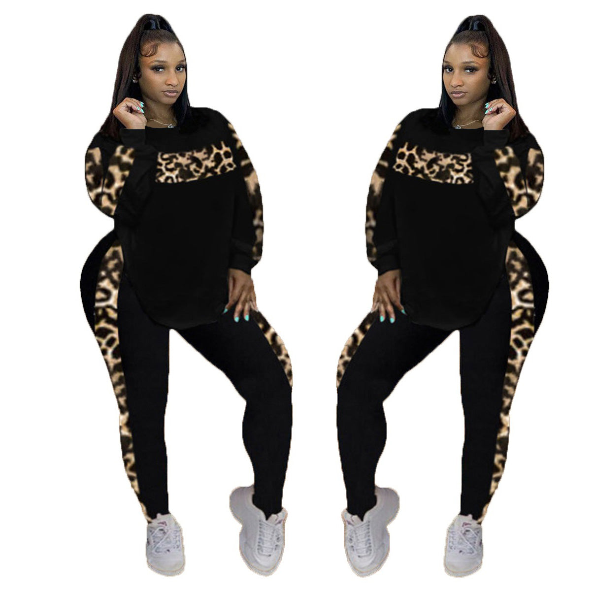 L-4XL Fall Leopard Pants Sets Women Clothing Plus Size Two Piece Outfits Long Sleeve Top Sweatpants Matching Suits