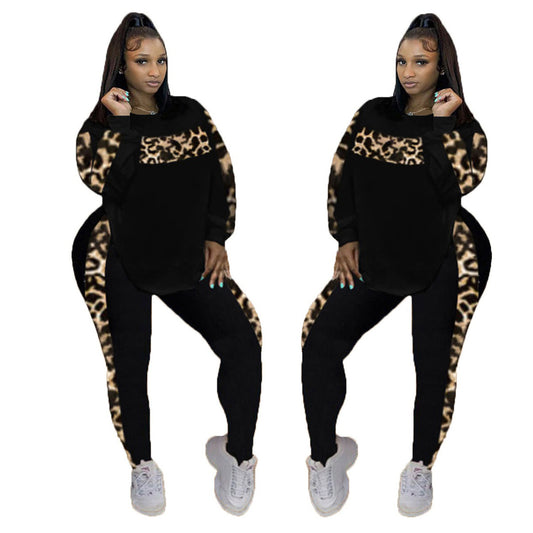 L-4XL Fall Leopard Pants Sets Women Clothing Plus Size Two Piece Outfits Long Sleeve Top Sweatpants Matching Suits