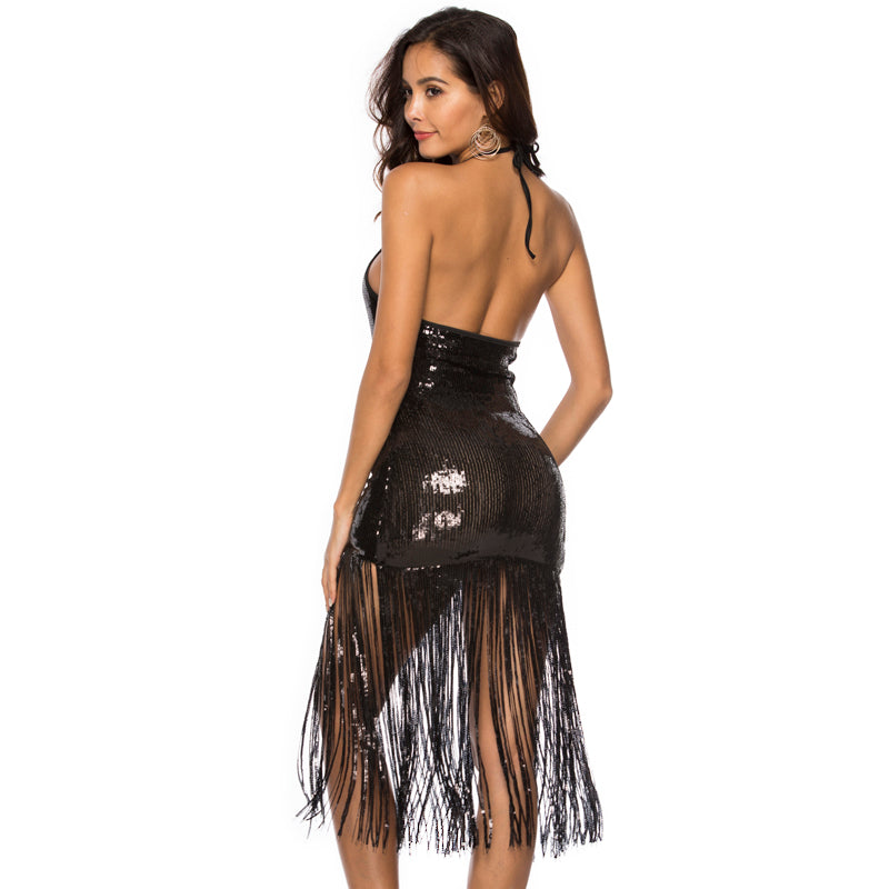 Gold Sequined Club Disco Dress Fringed Evening Party Backless Tea Length Halter Sexy Tassel Dress Vestido eDressU OSH-18518