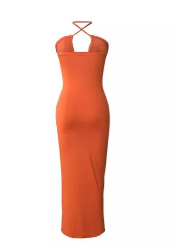 hirigin Women Long Bodycon Dress Solid Color Cutout Tie-Up Cross Halter Neck Tight Dress Sleeveless Backless Party Dress