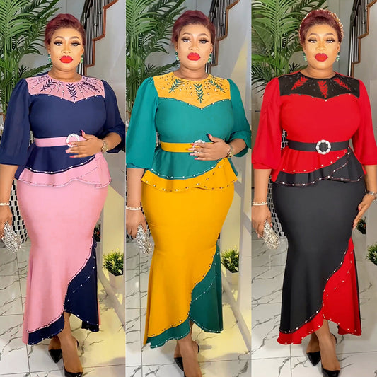 African plus size women's clothing hot sale temperament commuter contrast color two-piece hot rhinestone dress